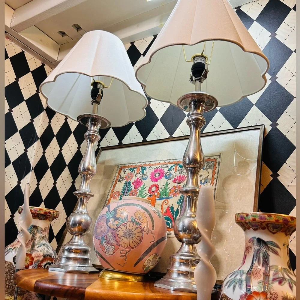 Luxury‎ Tall Silver Table Lamp Pair – Sculptural Bases with Scalloped Shades